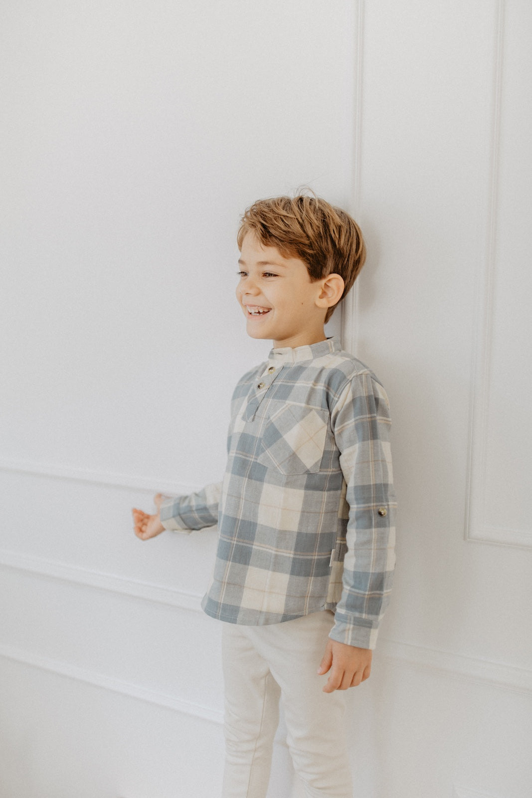 Flanellshirt 'beige & blue' mit Knöpfen