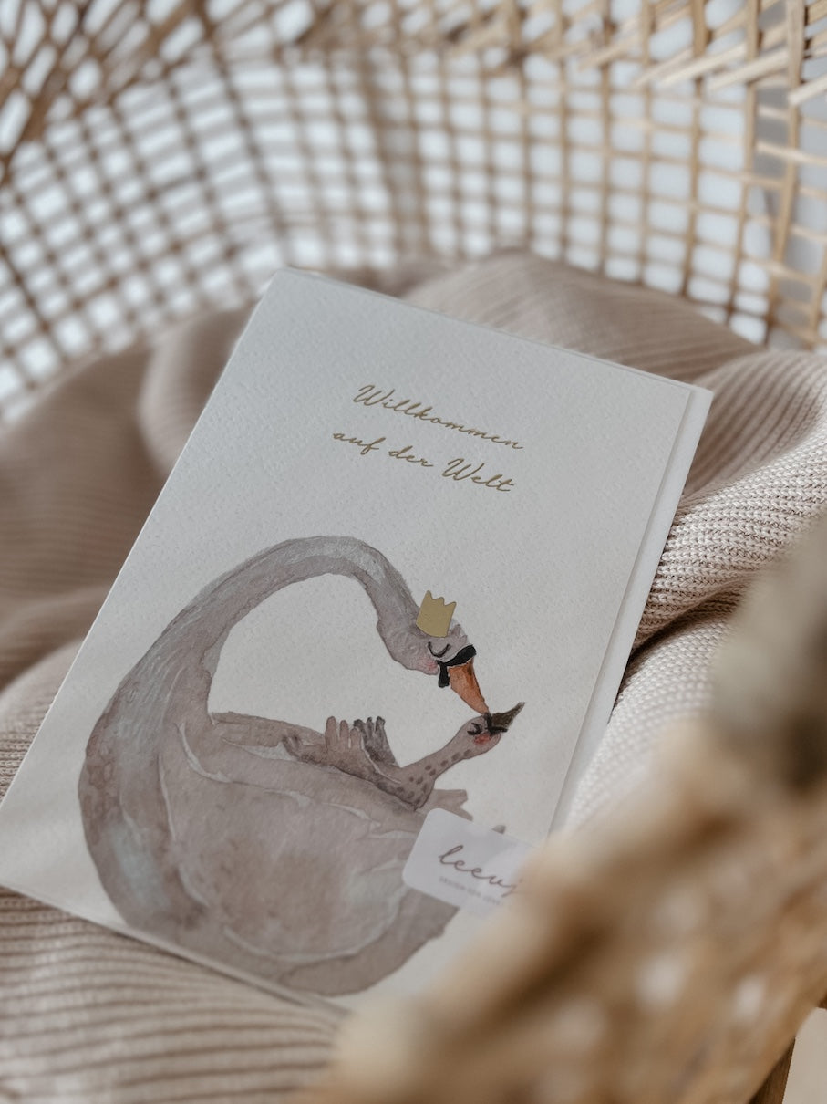 Swan greetings card 'Willkommen auf der Welt' with envelope