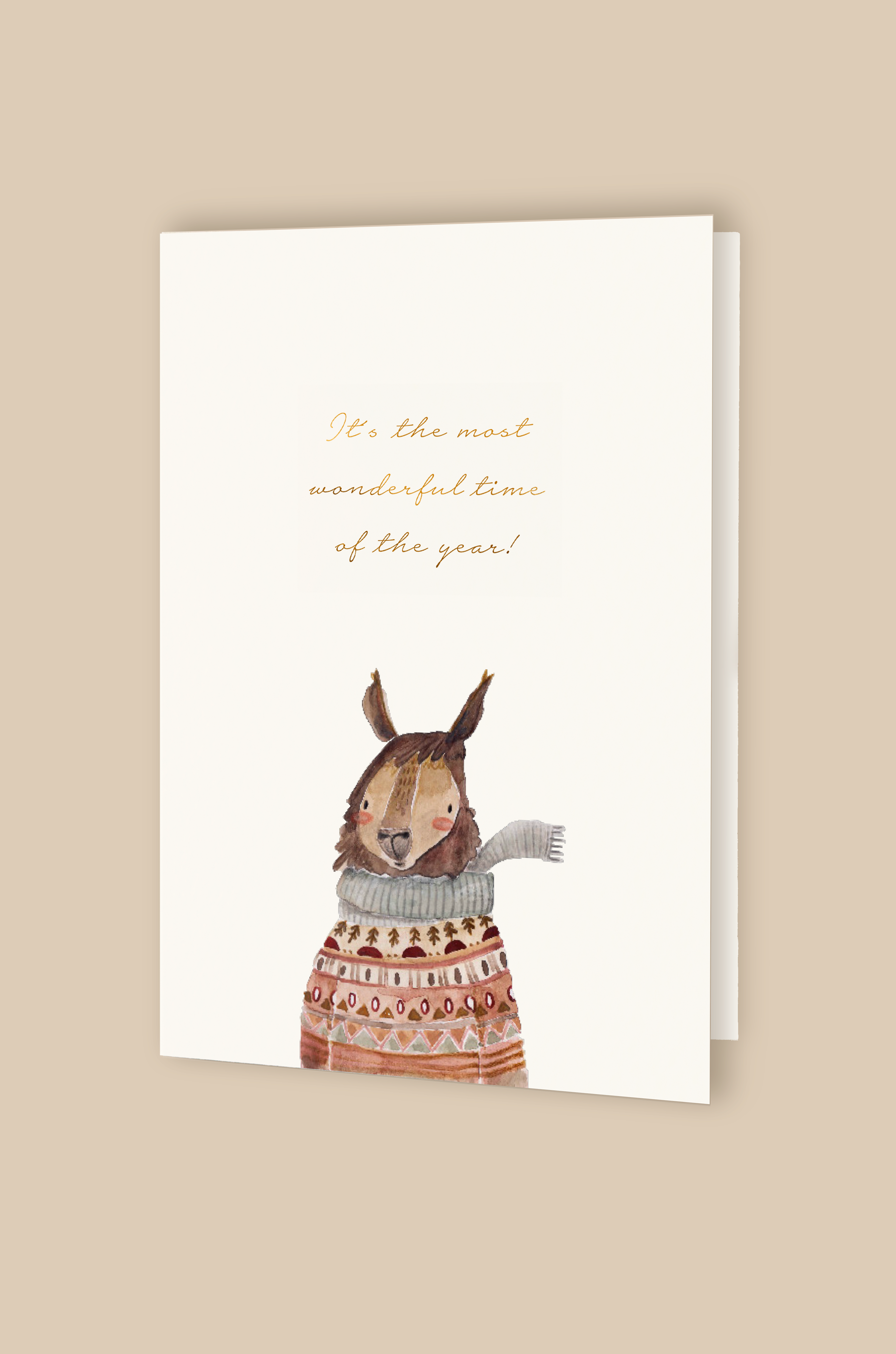 Greeting card llama "It's the most wonderful time of the year" with envelope