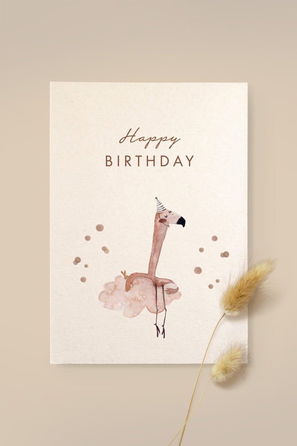 Karte Flamingo „Happy Birthday“ Aus Holzschliffpappe Karten